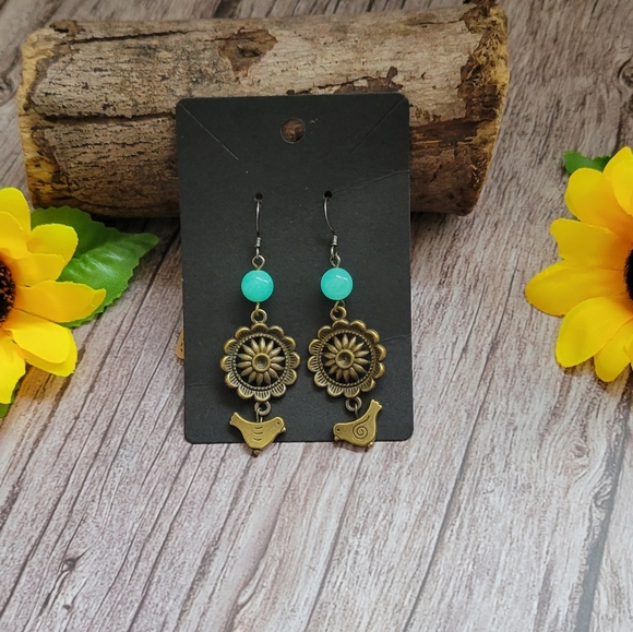 Earth Art hand crafted artisan Jewelry - Vintage Antique Bronze and Turquoise Earrings